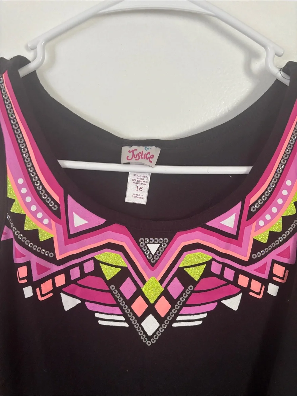 Justice Black Tank Dress with Neon Pink & Neon Yellow Tribal Print